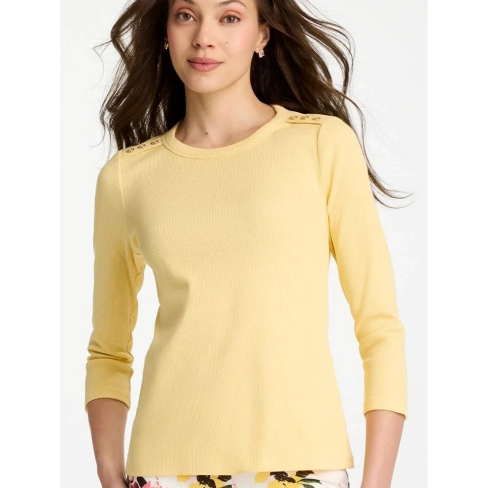 Chico's Yellow Ribbed Button Crewneck Tee with Shoulder Buttons Size XXL